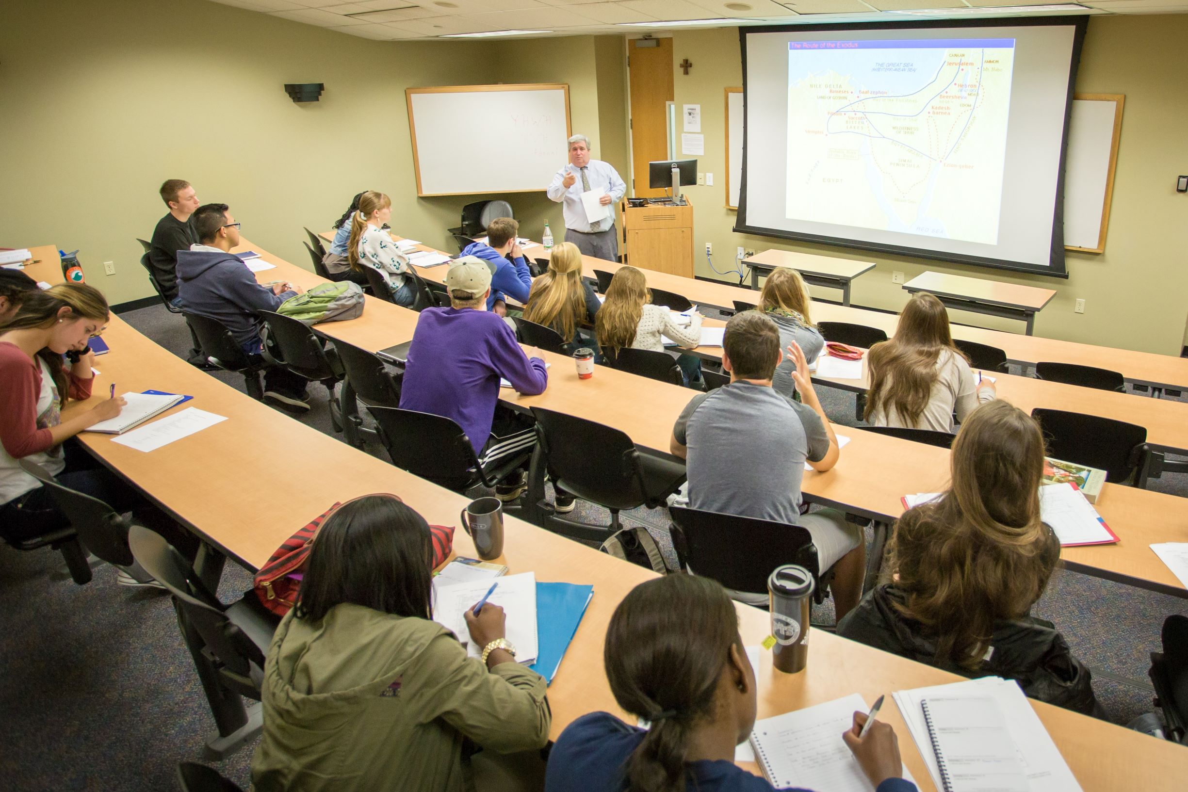 A professor teaches a class at Saint Michael's College.