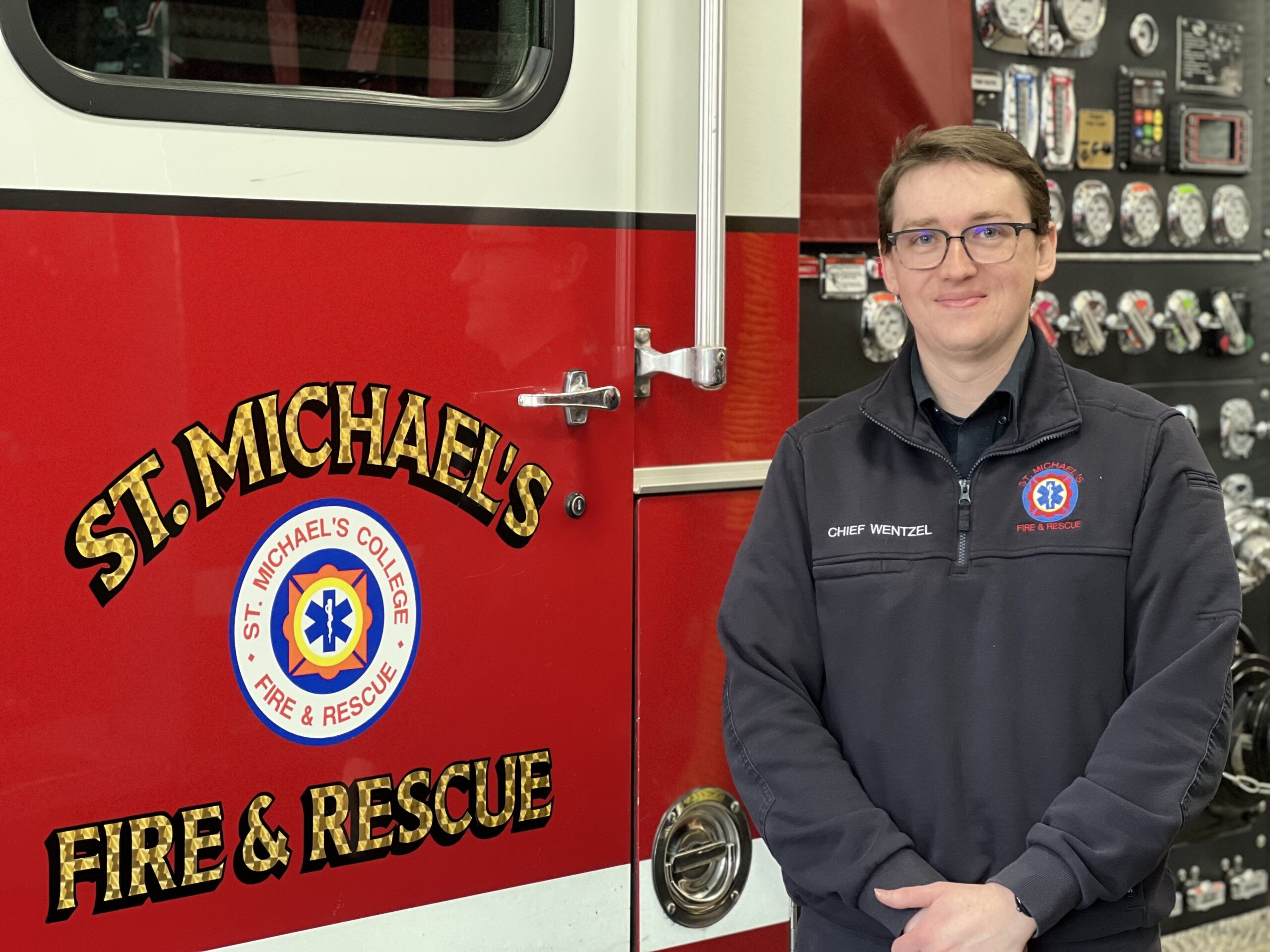 Kyle Wentzel '18 has been Fire Chief for Saint Michael's College Fire and Rescue since March 2024. (Photo by April Barton)