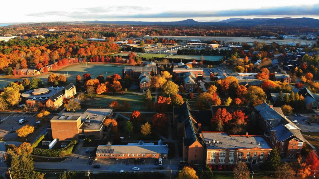 Drone shot of Saint Michael's College campus in the fall.