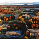 Drone shot of Saint Michael's College campus in the fall.